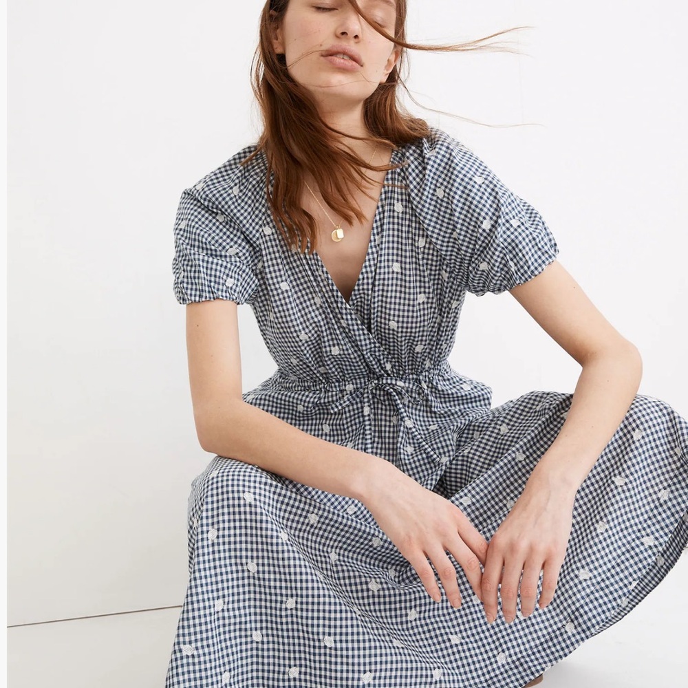 Embroidered Gingham Faux-Wrap Tie-Waist Midi Dress